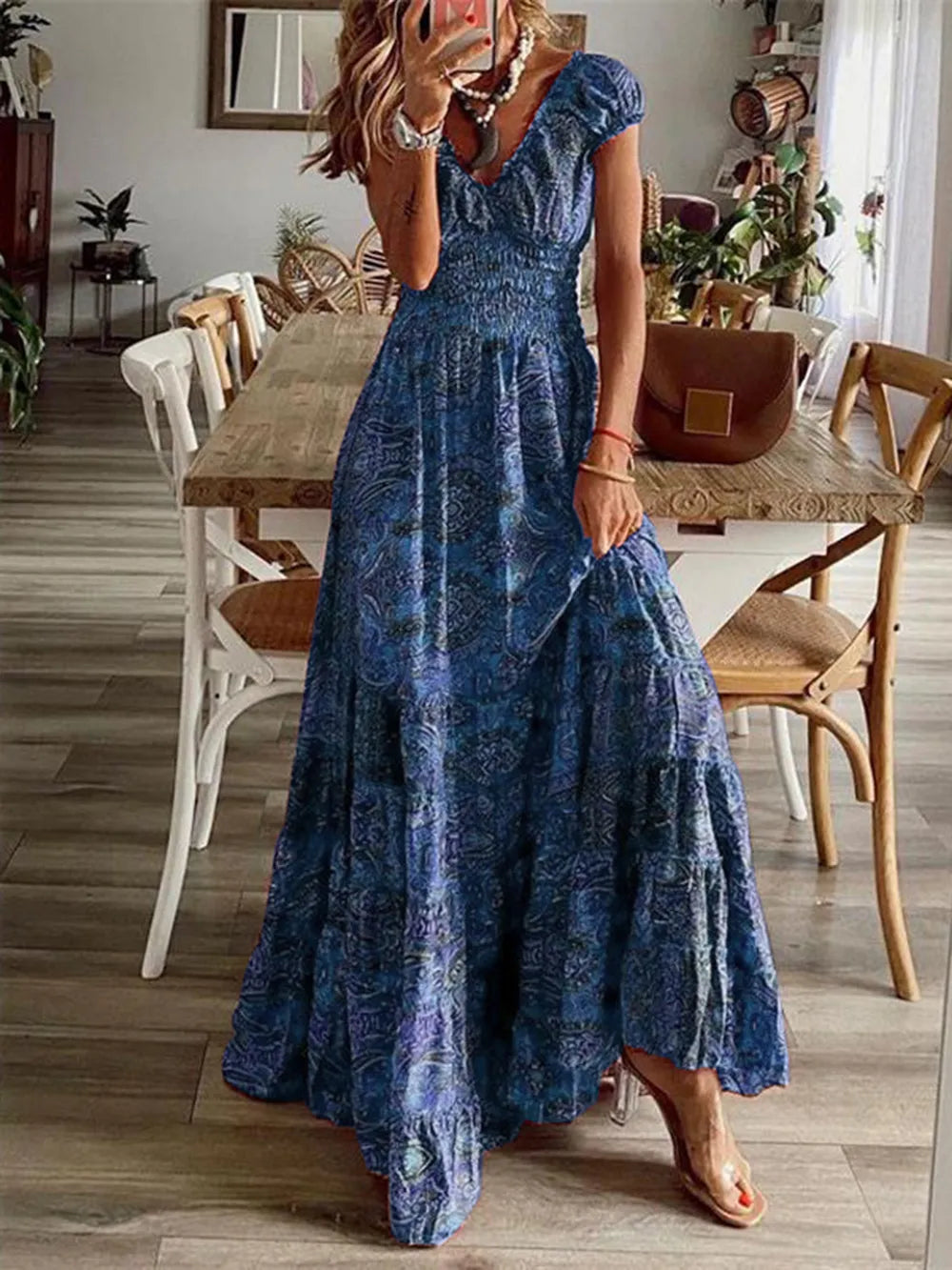 Smocked Printed V-Neck Short Sleeve Dress by Shopiebay