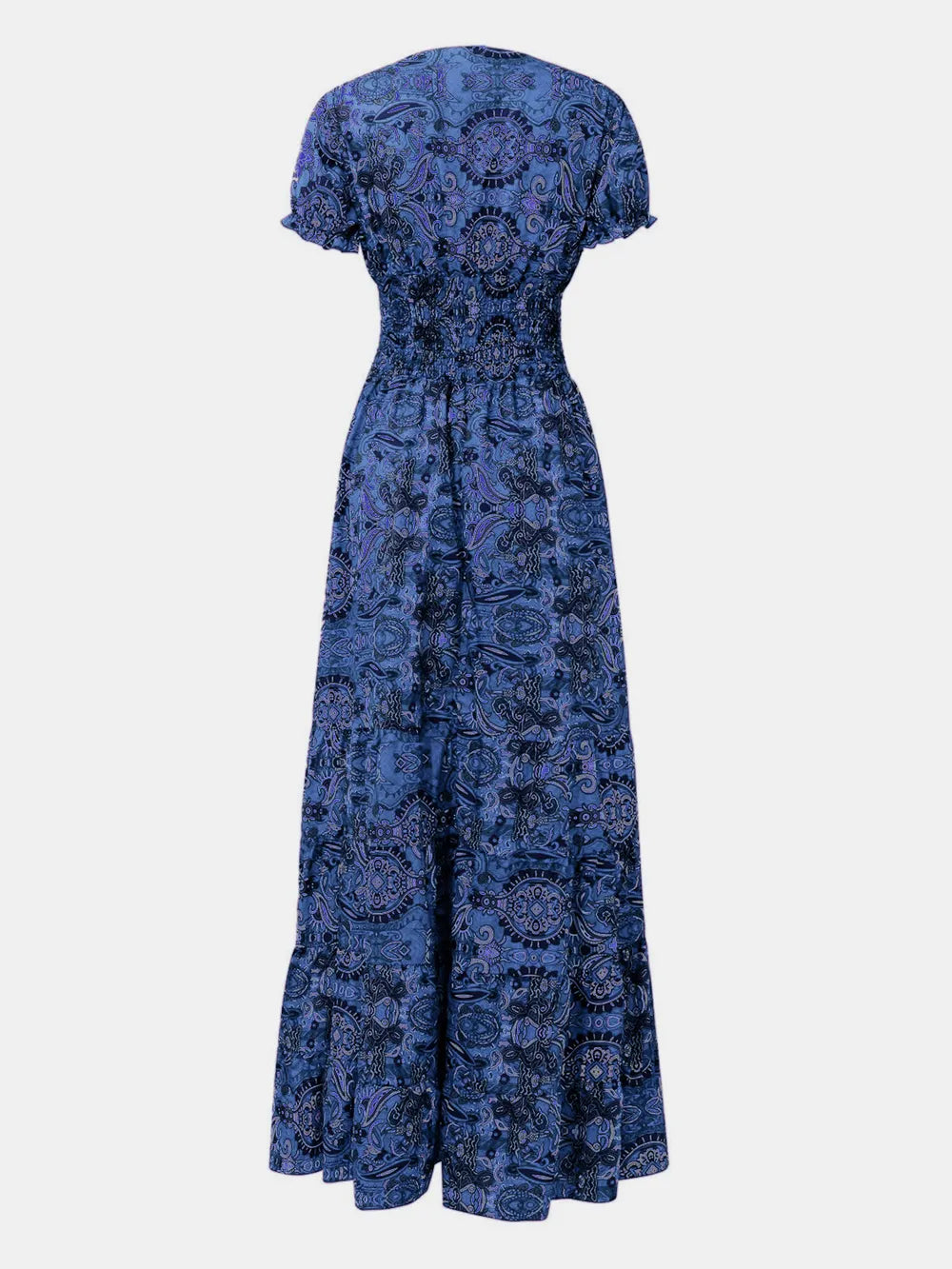 Smocked Printed V-Neck Short Sleeve Dress by Shopiebay