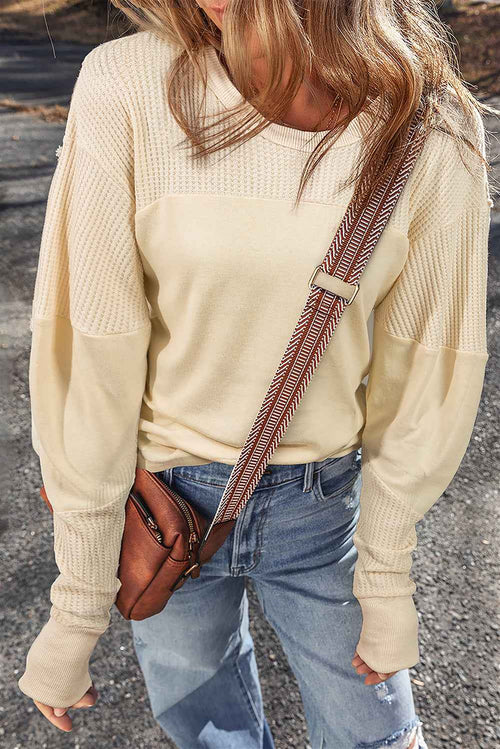 Beige Thermal Knit Patchwork Exposed Seam Long Sleeve Top by Wild and Free Boutique