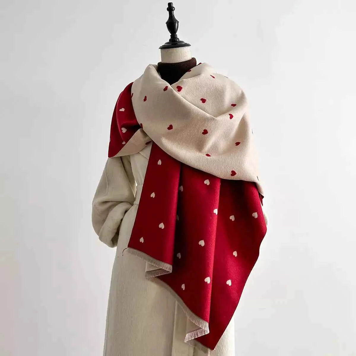 Heart-Patterned Raw Hem Winter Womens Scarf