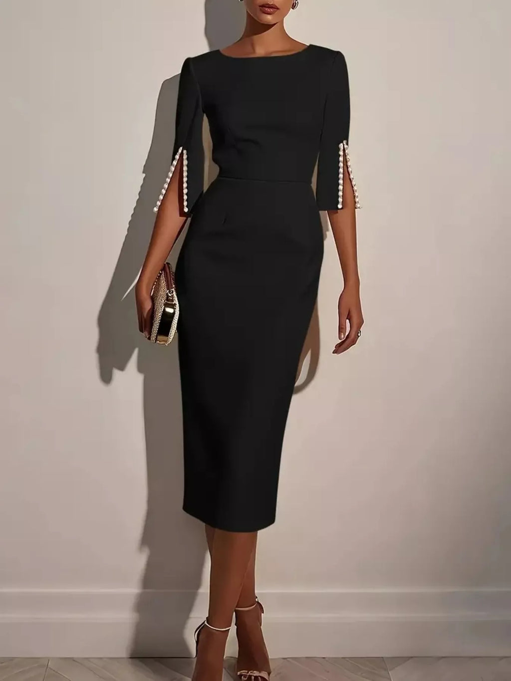 Slim-Fit Elegant Midi Dress with Beaded Slit Sleeve by Shopiebay