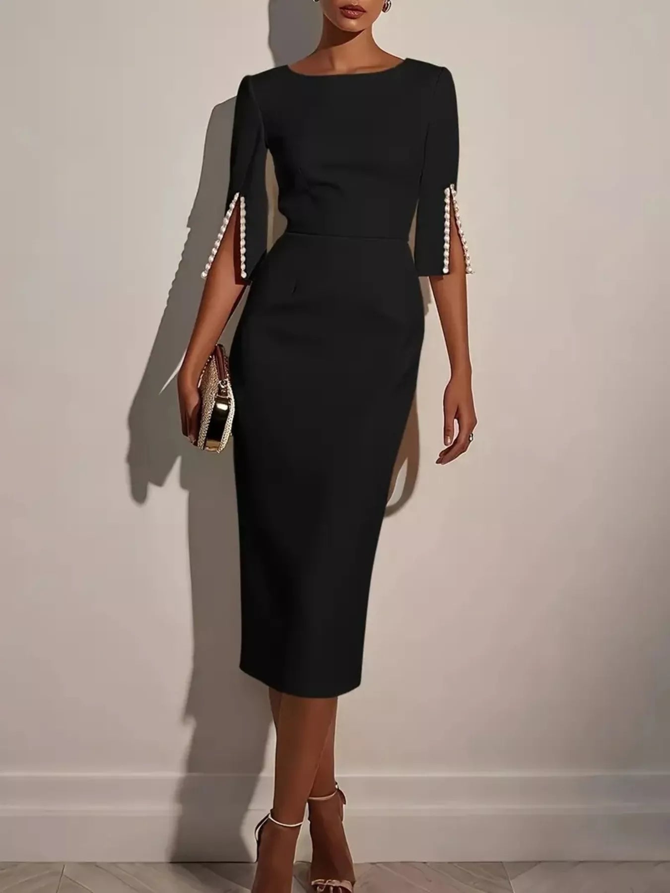 Slim-Fit Elegant Midi Dress with Beaded Slit Sleeve by Shopiebay