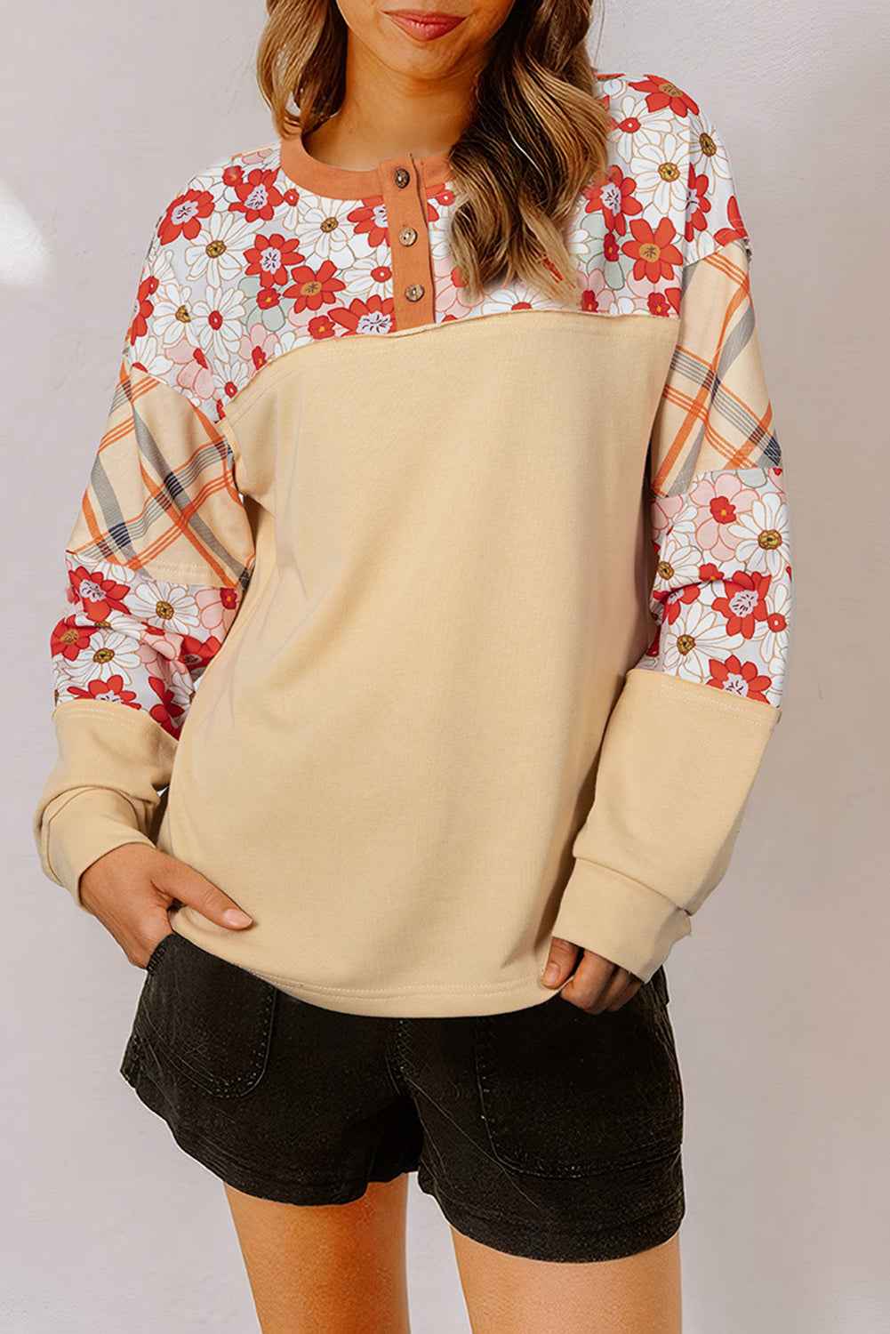 Parchment Floral Plaid Patchwork Henley Top