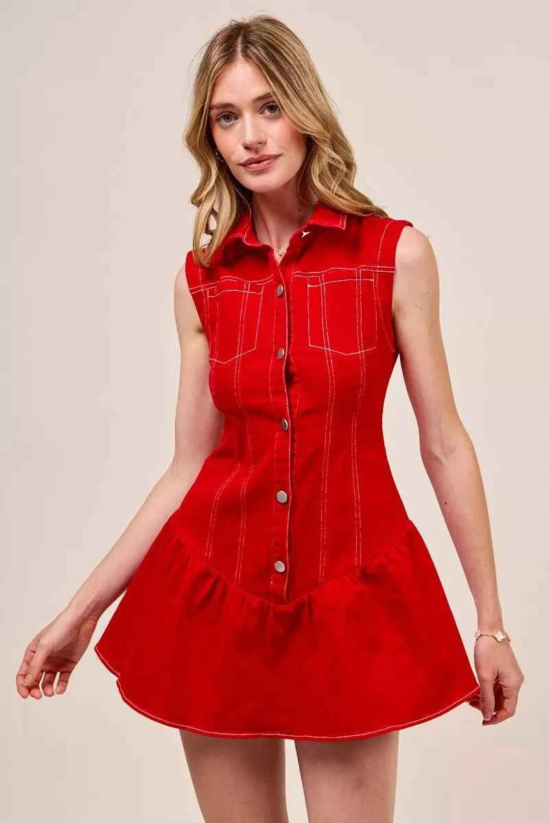 SO ME Button Down Sleeveless Collared Game Day Mini Dress