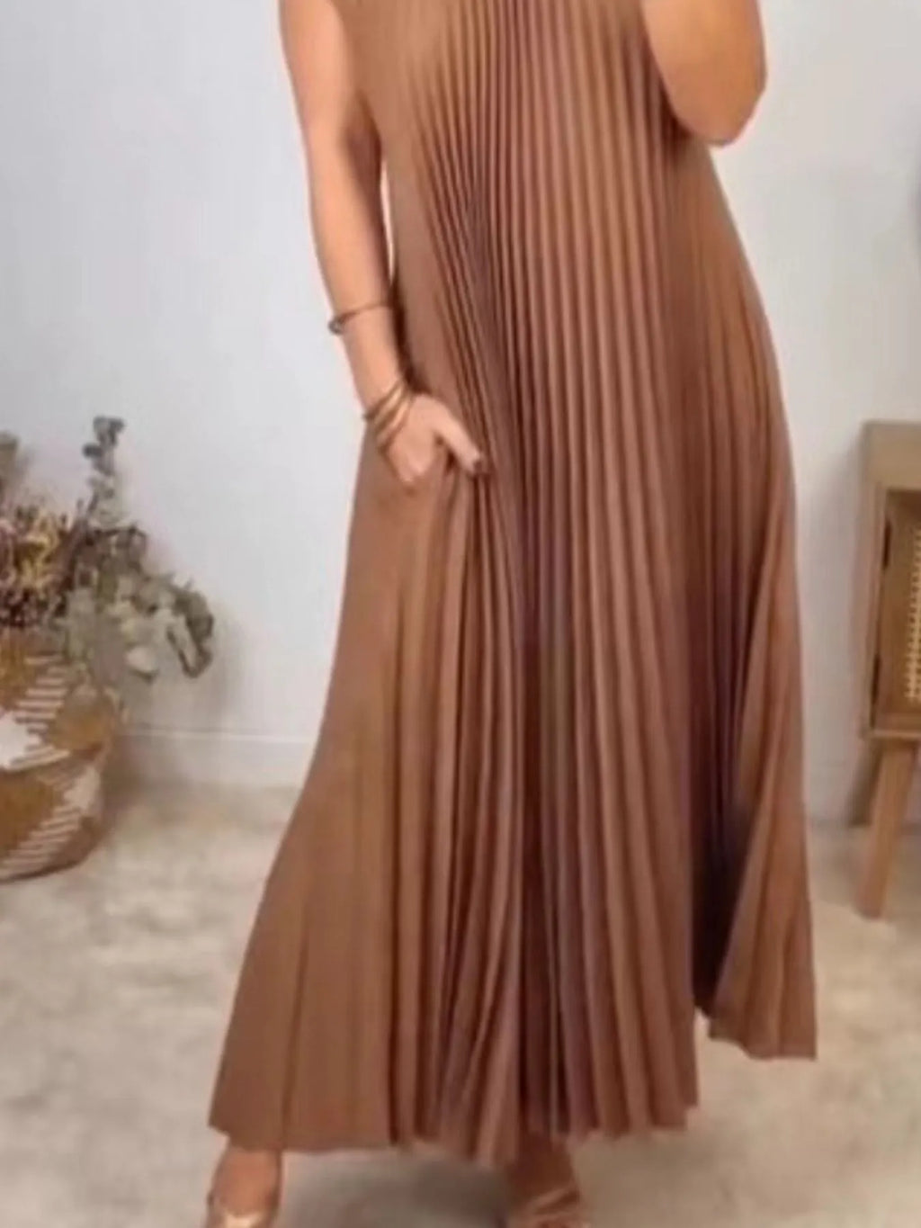 Pleated Round Neck Maxi Dress by Shopiebay