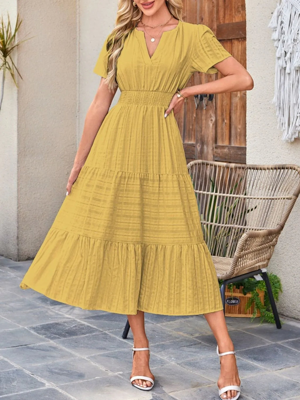 Tiered Notched Short Sleeve Dress by Shopiebay