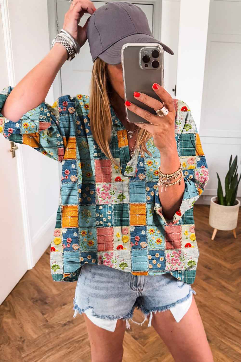 Sky Blue Floral Patchwork Collared V Neck Blouse