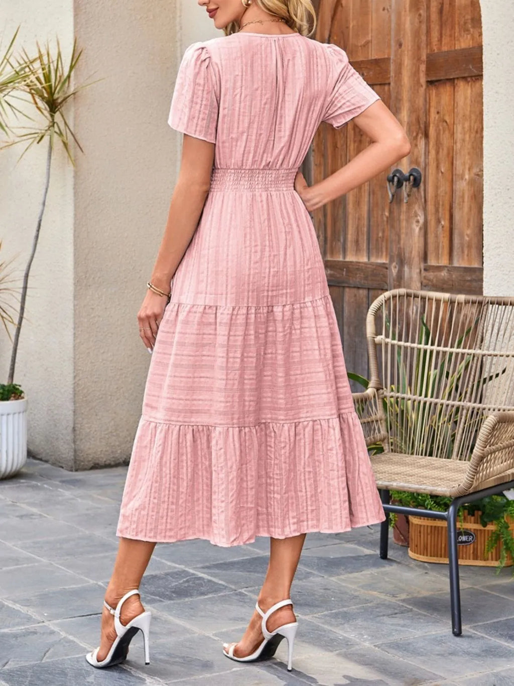 Tiered Notched Short Sleeve Dress by Shopiebay