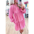 Strawberry Pink Flounce Sleeve Tiered Ruffled Velvet Mini Dress