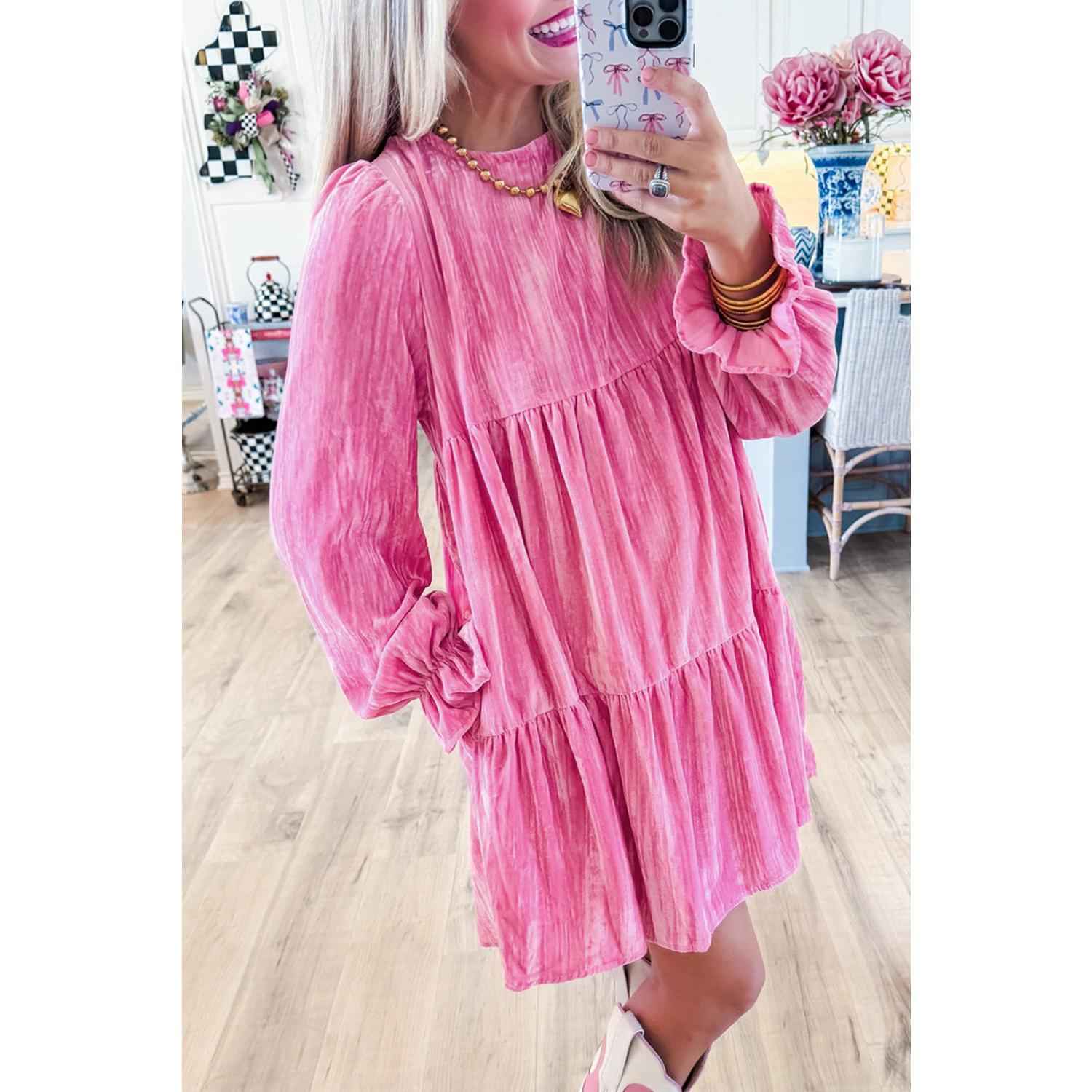 Strawberry Pink Flounce Sleeve Tiered Ruffled Velvet Mini Dress