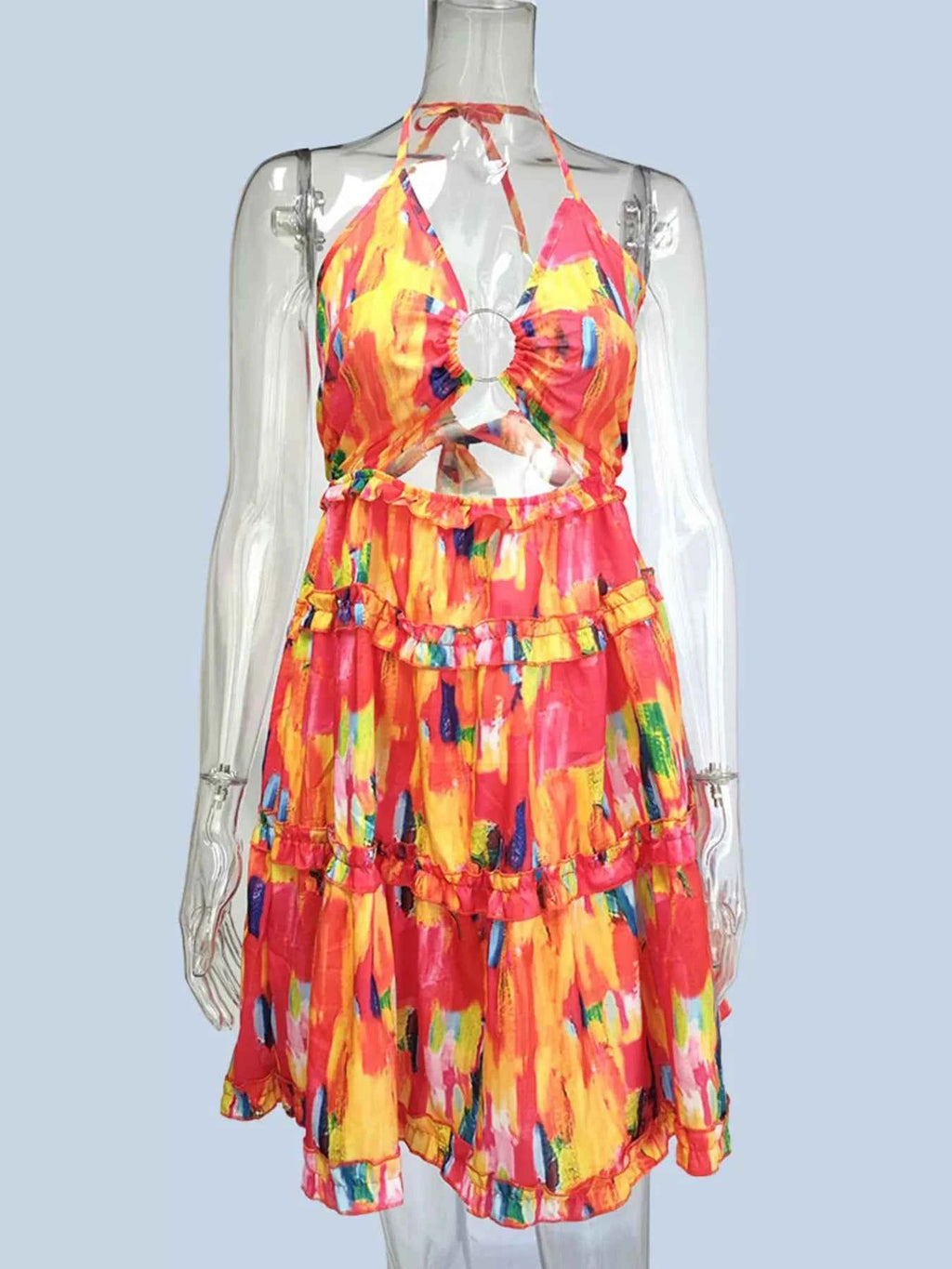 Colorful Print Halter Neck Ruffle Mini Dress