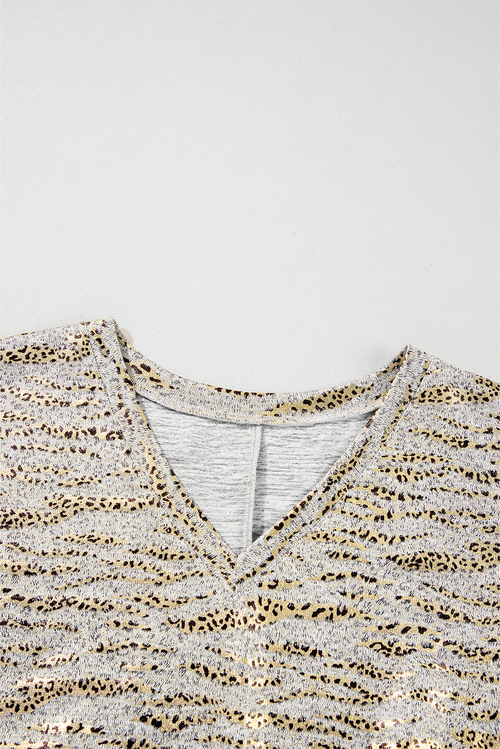 Gray Leopard Print 3/4 Sleeve V Neck Loose Fit T Shirt