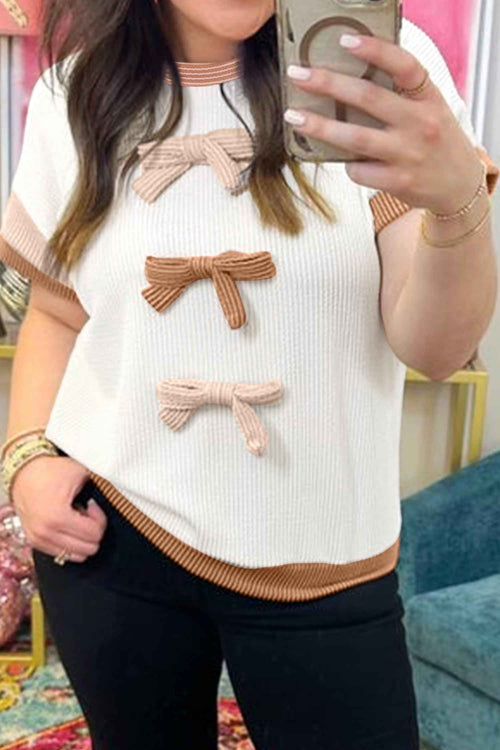 Apricot Bowknot Applique Plus Size Ribbed Top by Wild and Free Boutique