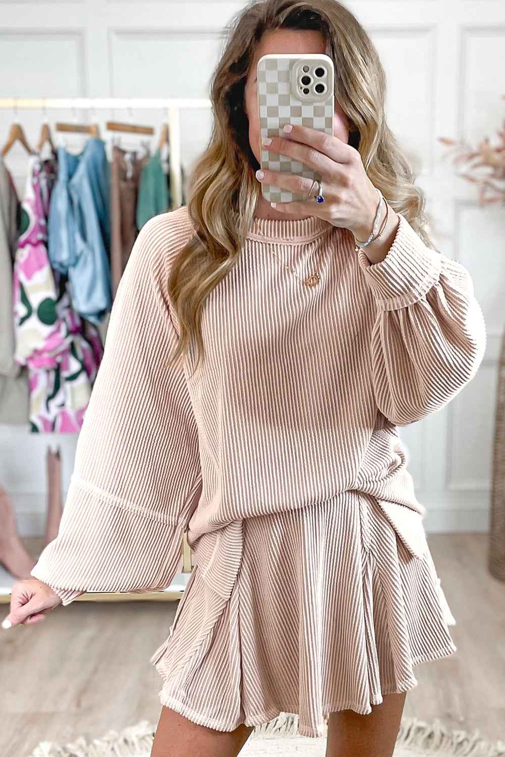 Jet Stream Corded Lantern Sleeve Pullover and Ruffle Mini Skirt Set