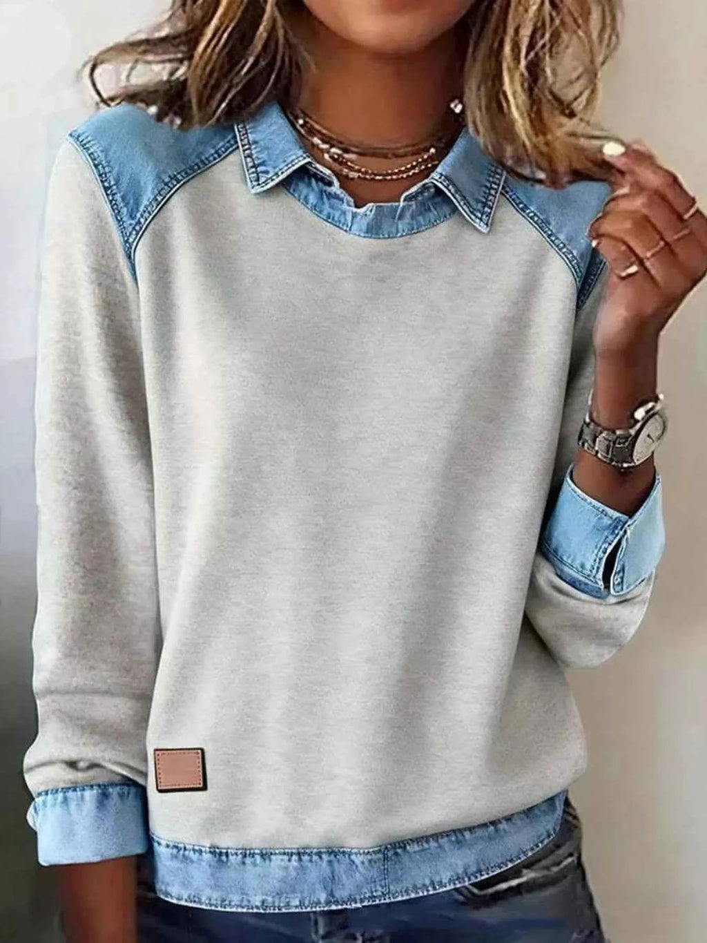 Full Size Denim Trim Long Sleeve Top Plus Size