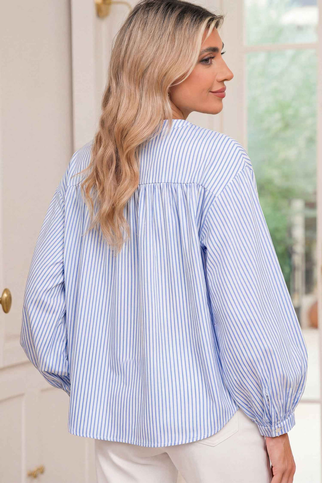 Sky Blue Stripe Floral Embroidered Billowy Sleeve Tunic Baggy Shirt