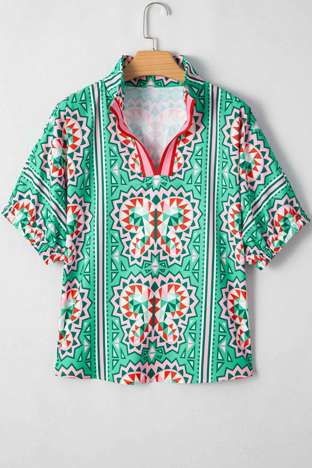 Sea Green Boho Abstract Print Contrast Striped Collared V Neck Blouse