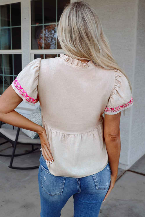Beige Floral Embroidered Short Sleeve Notched V Neck Blouse by Wild and Free Boutique