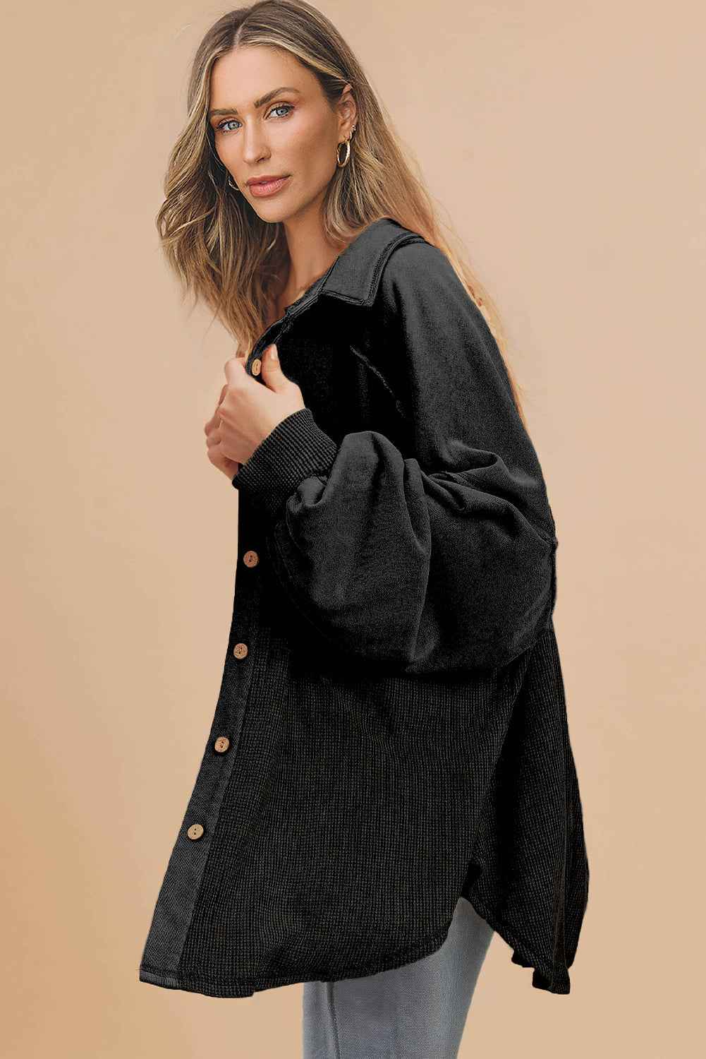 Black Waffle Knit Patchwork Exposed Seam Loose Shacket