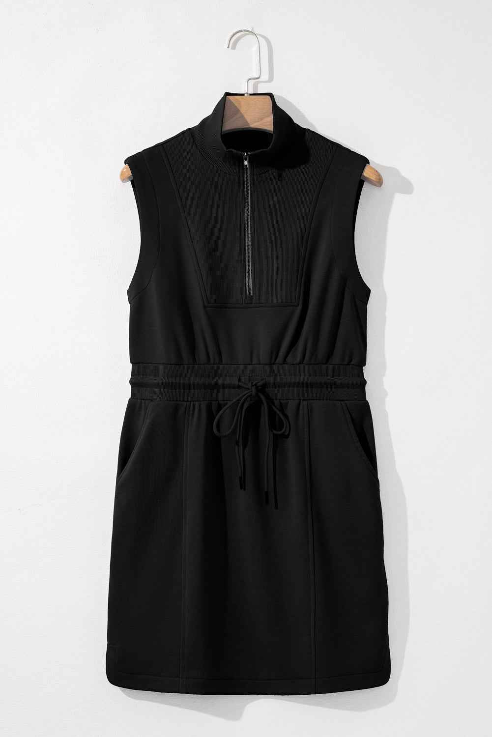Black French Terry Zipped Collar Sleeveless Drawstring Waist Mini Dress