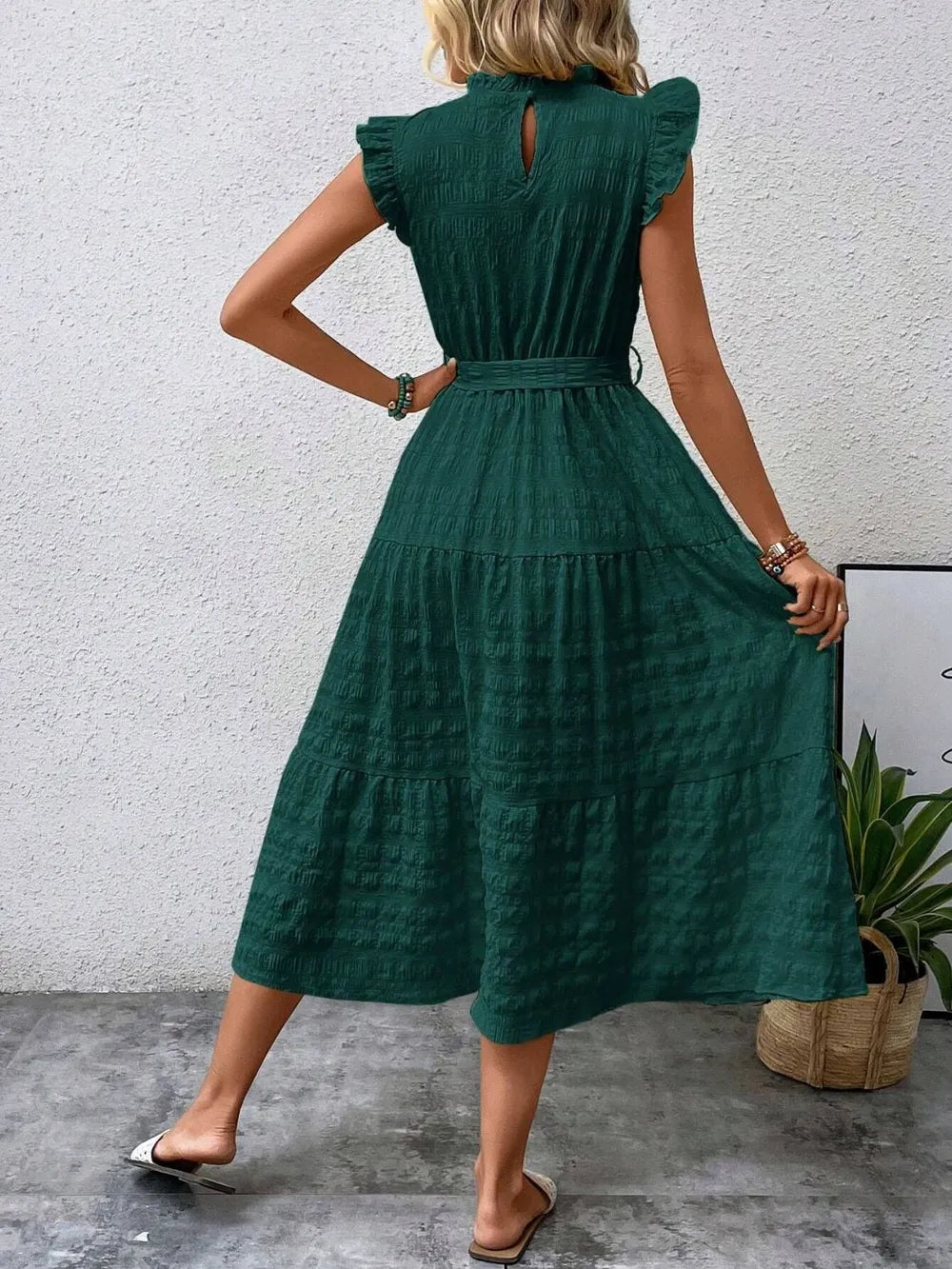 Tied Ruffled Cap Sleeve Midi Dress by Shopiebay
