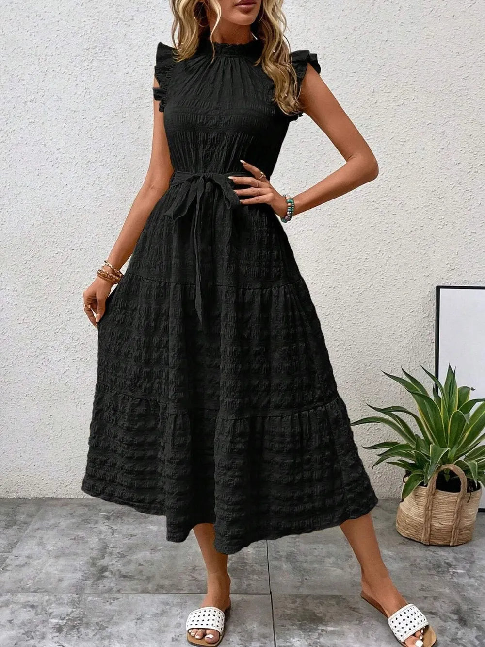 Tied Ruffled Cap Sleeve Midi Dress by Shopiebay