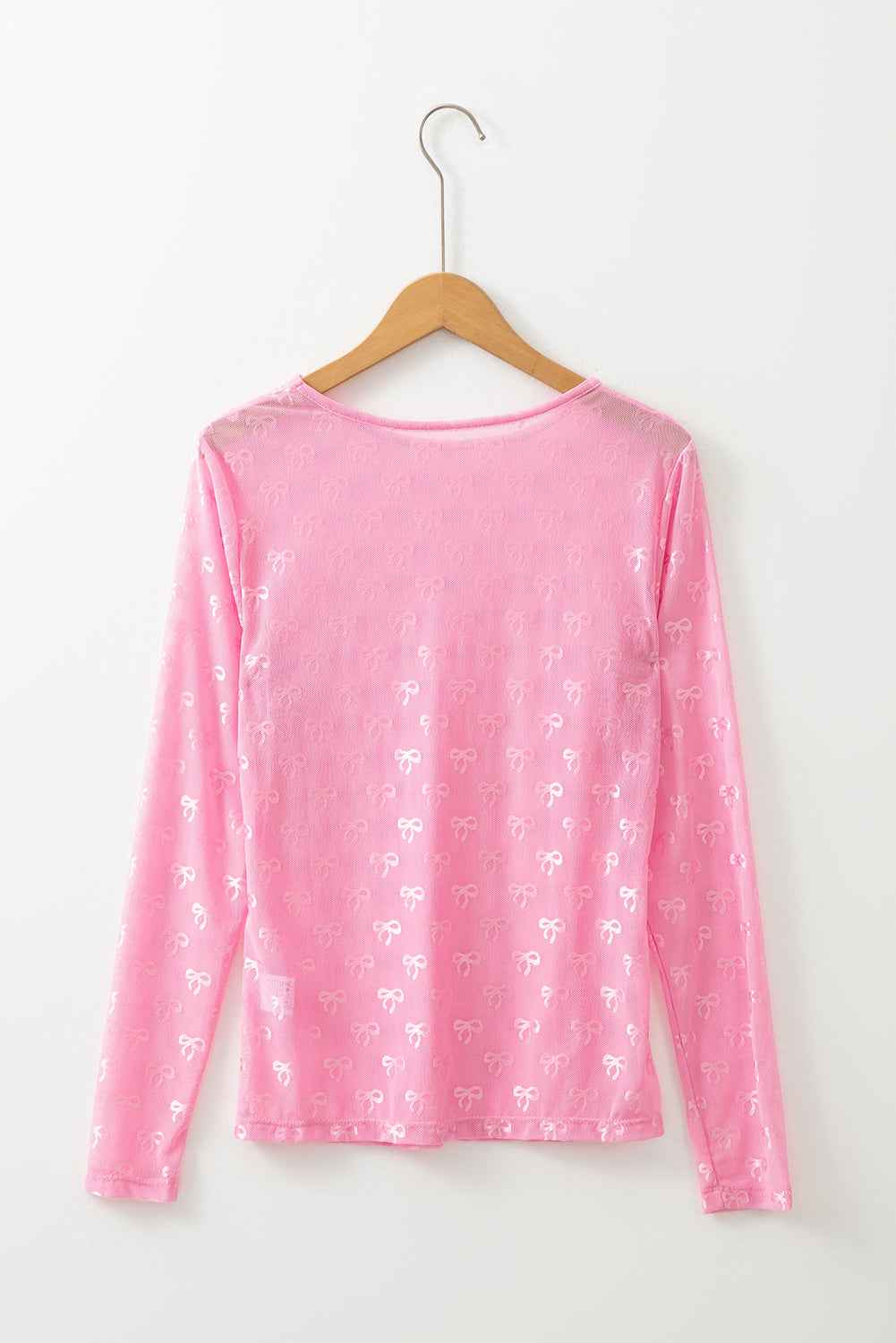 Pink Bow Pattern Long Sleeve Slim Fit Mesh Top