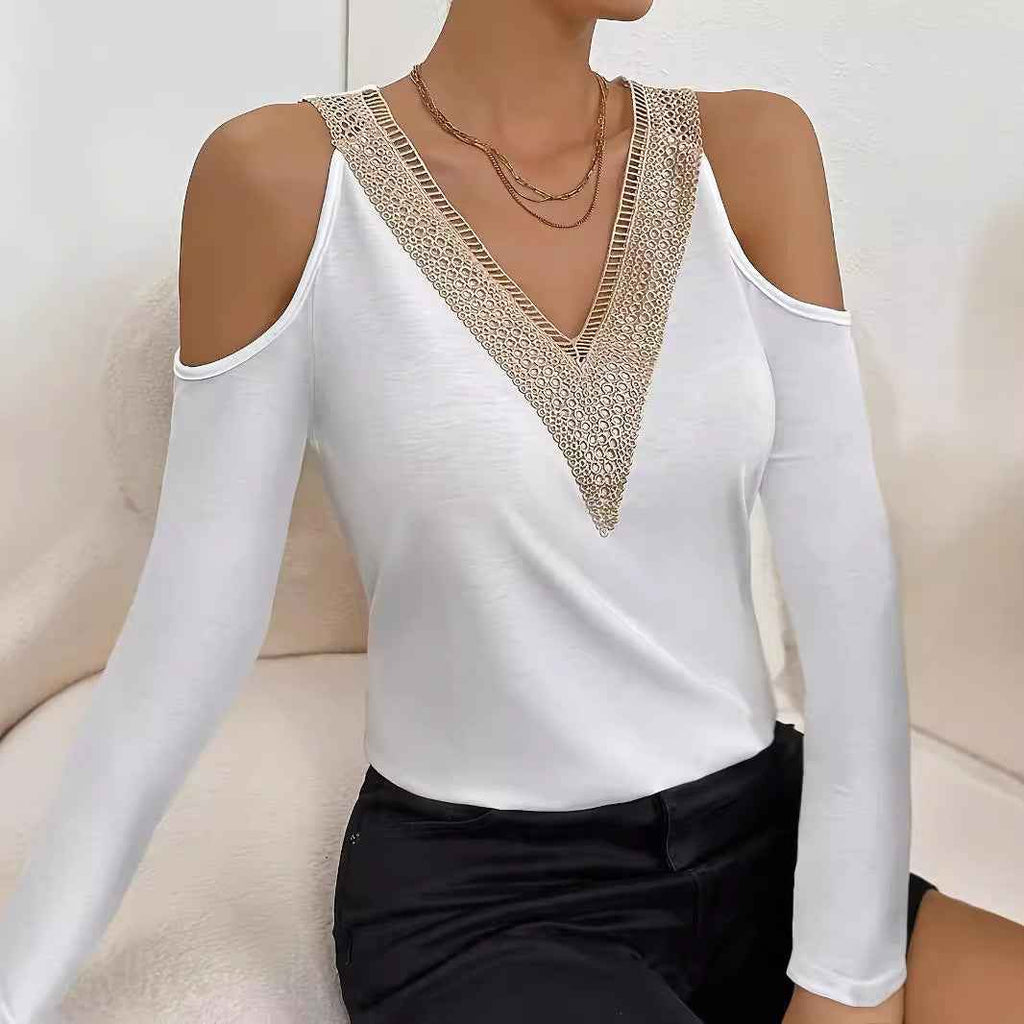 Fashion Hollowed-out Solid Color T-shirt Top Women