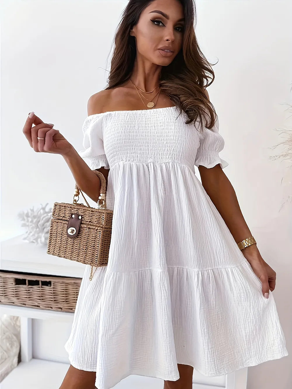 Ruffled Off-Shoulder Short Sleeve Dress by Shopiebay
