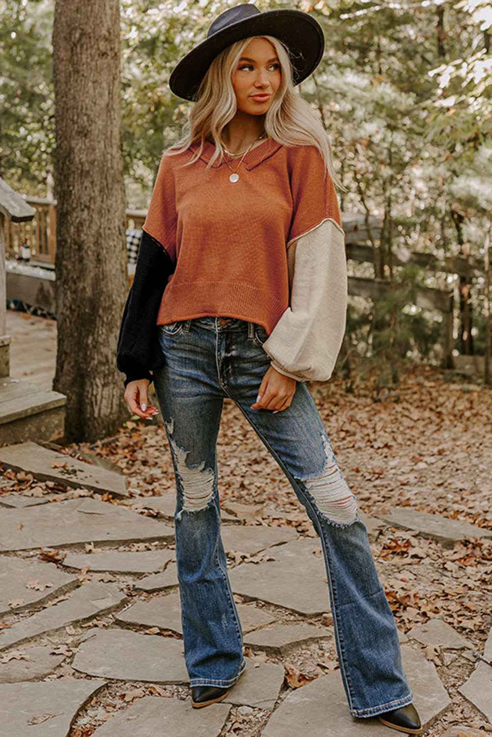 Desert Gold Colorblock Raw Edge Bubble Sleeve V Neck Sweater