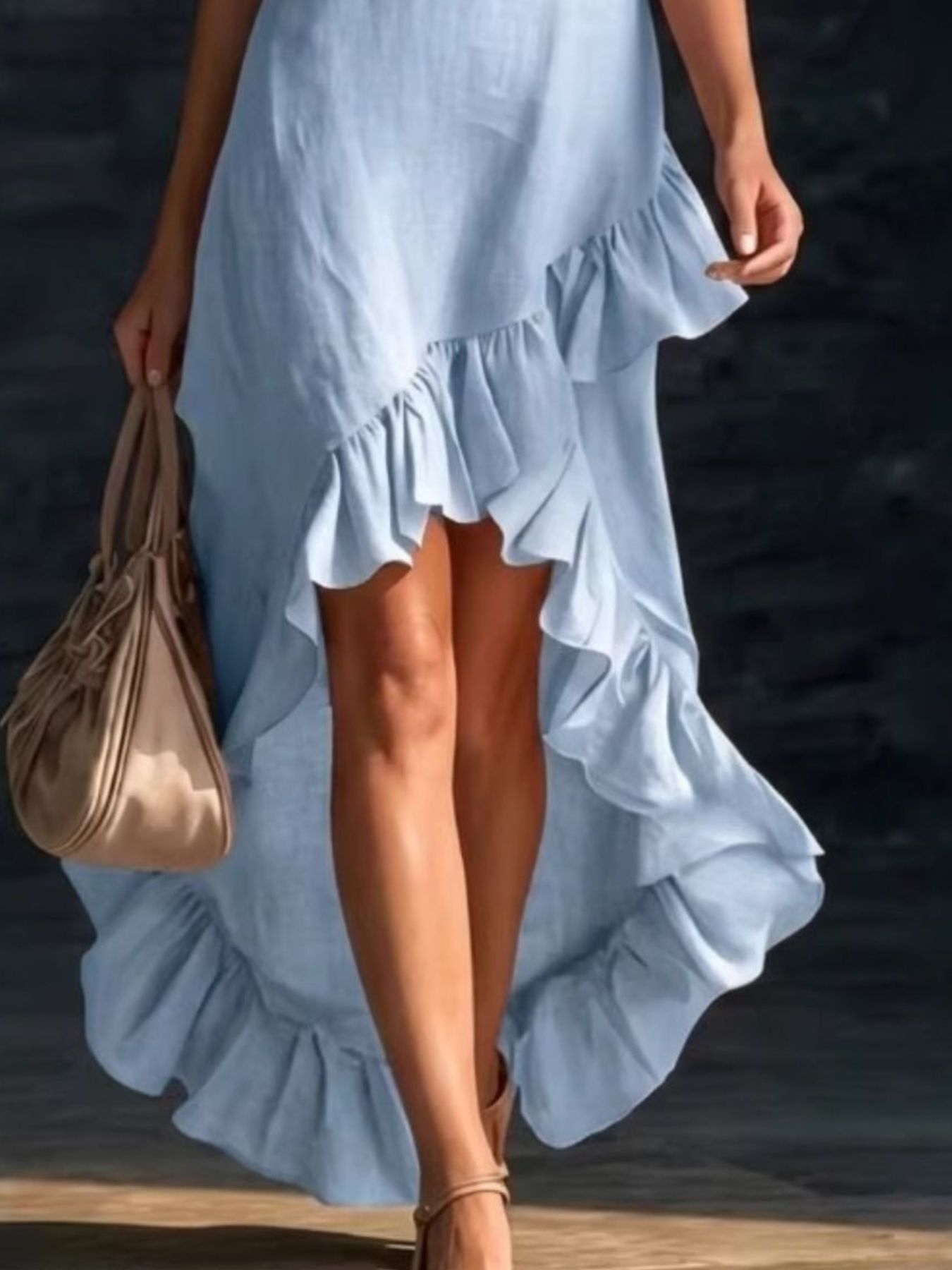 Sleeveless V-Neck Ruffle Hem High-Low Dress by Shopiebay