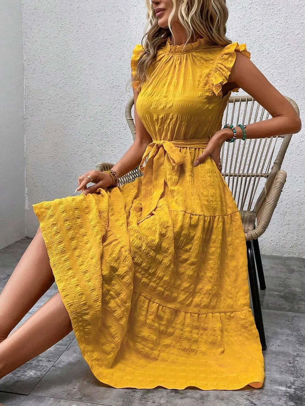 Tied Ruffled Cap Sleeve Midi Dress by Shopiebay