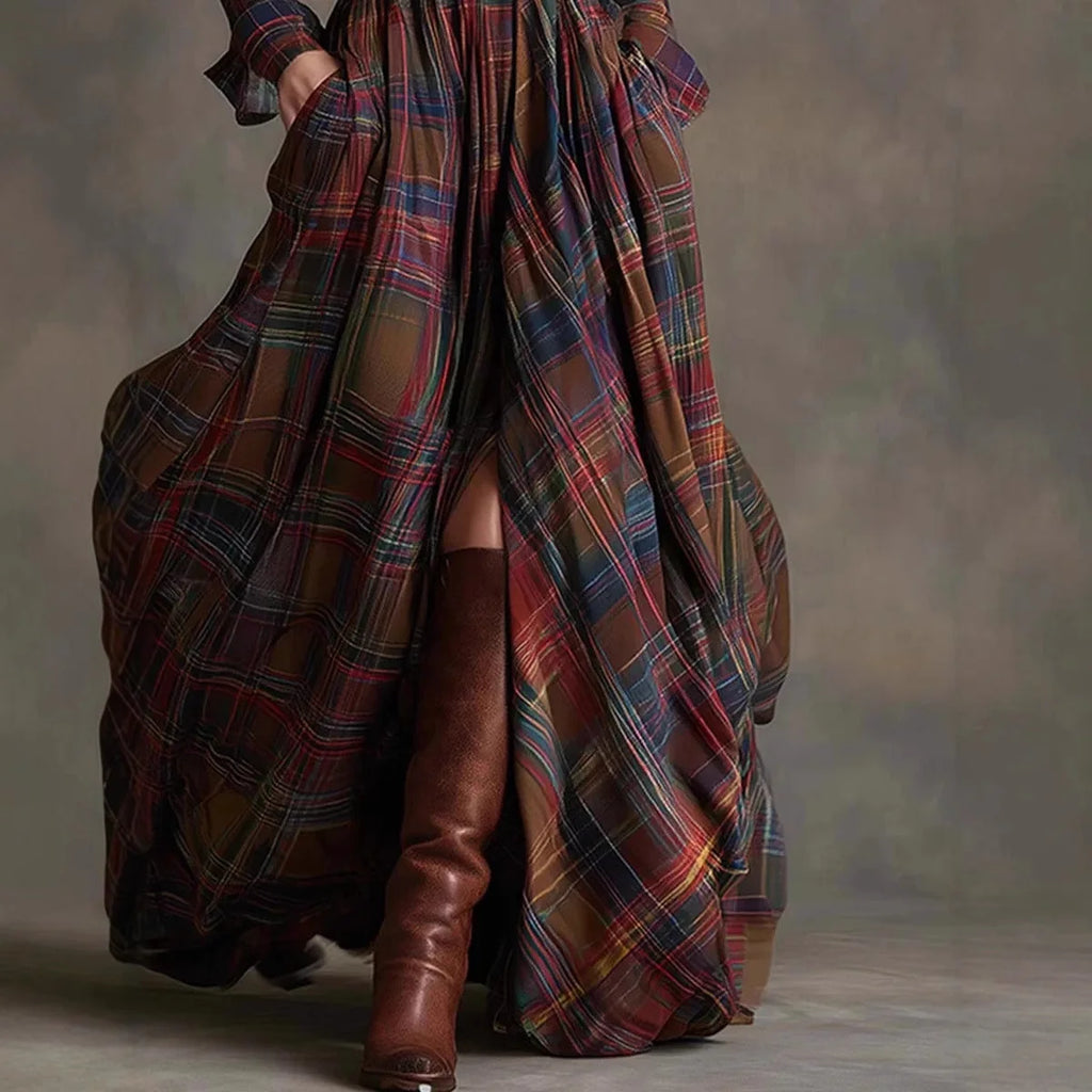 European American Women's Shirt Maxi Dress Autumn Casual Long Sleeve Button Pocket Plaid Print Lapel Retro Long Dress Vestidos
