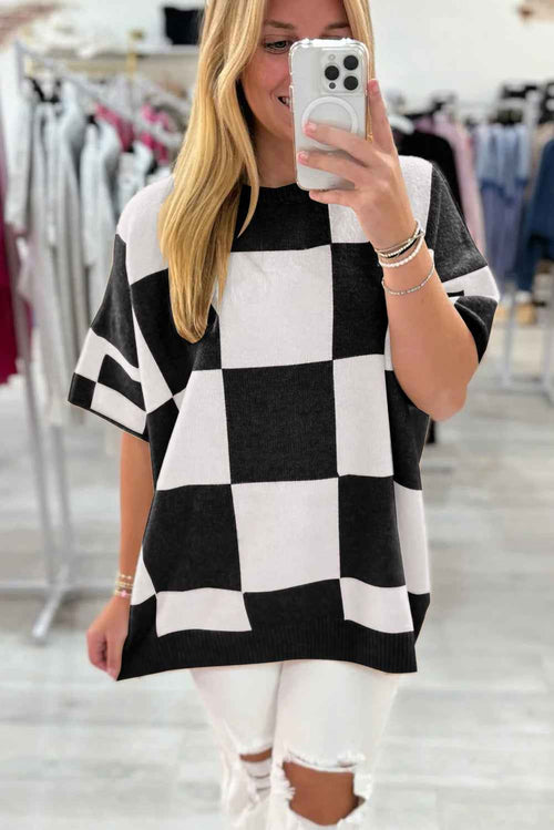 Black Checkered Pattern Loose Drop Shoulder Half Sleeve Sweater by Wild and Free Boutique
