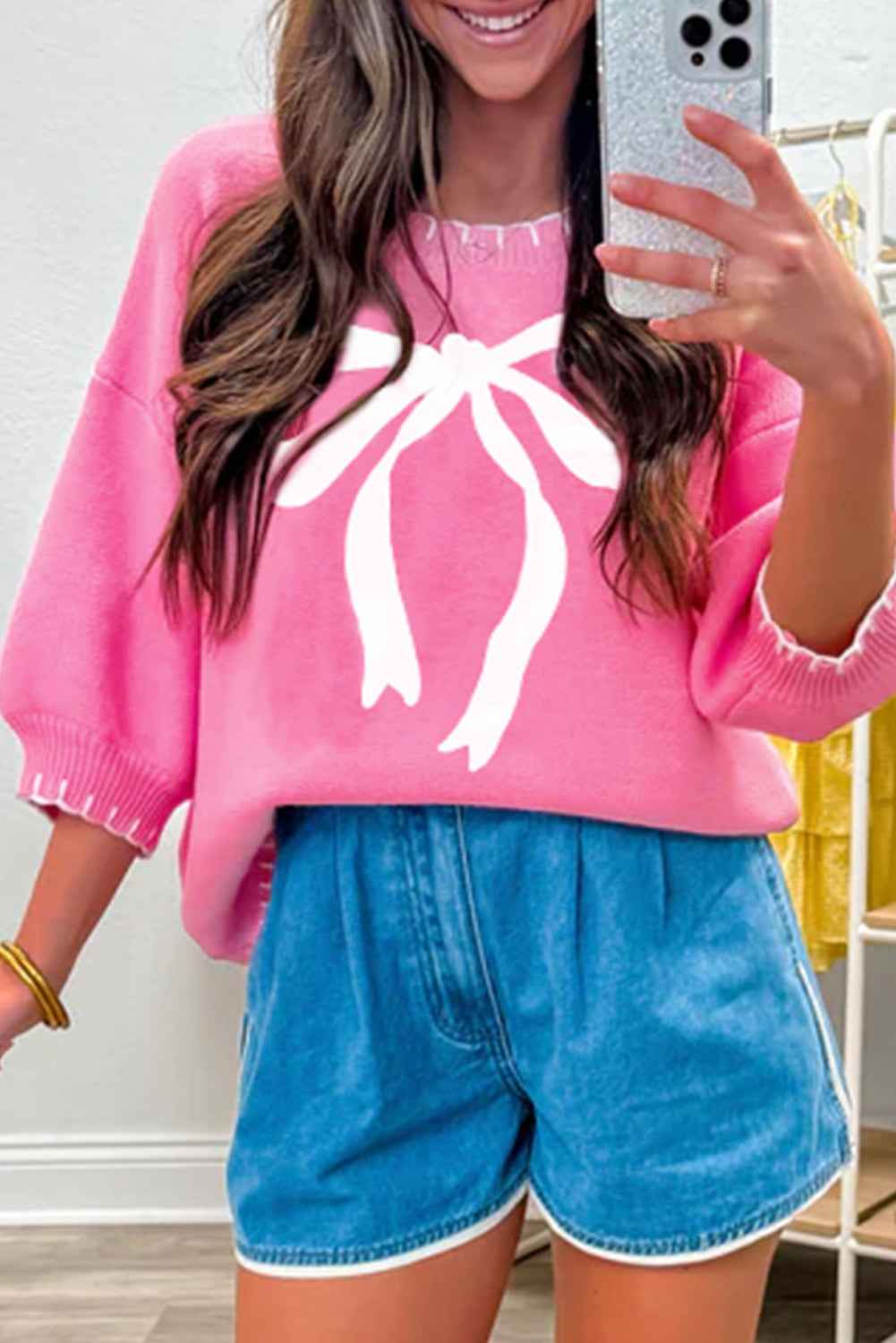 Sachet Pink Big Ribbon Bow Print Contrast Stitch Trim Drop Shoulder Sweater
