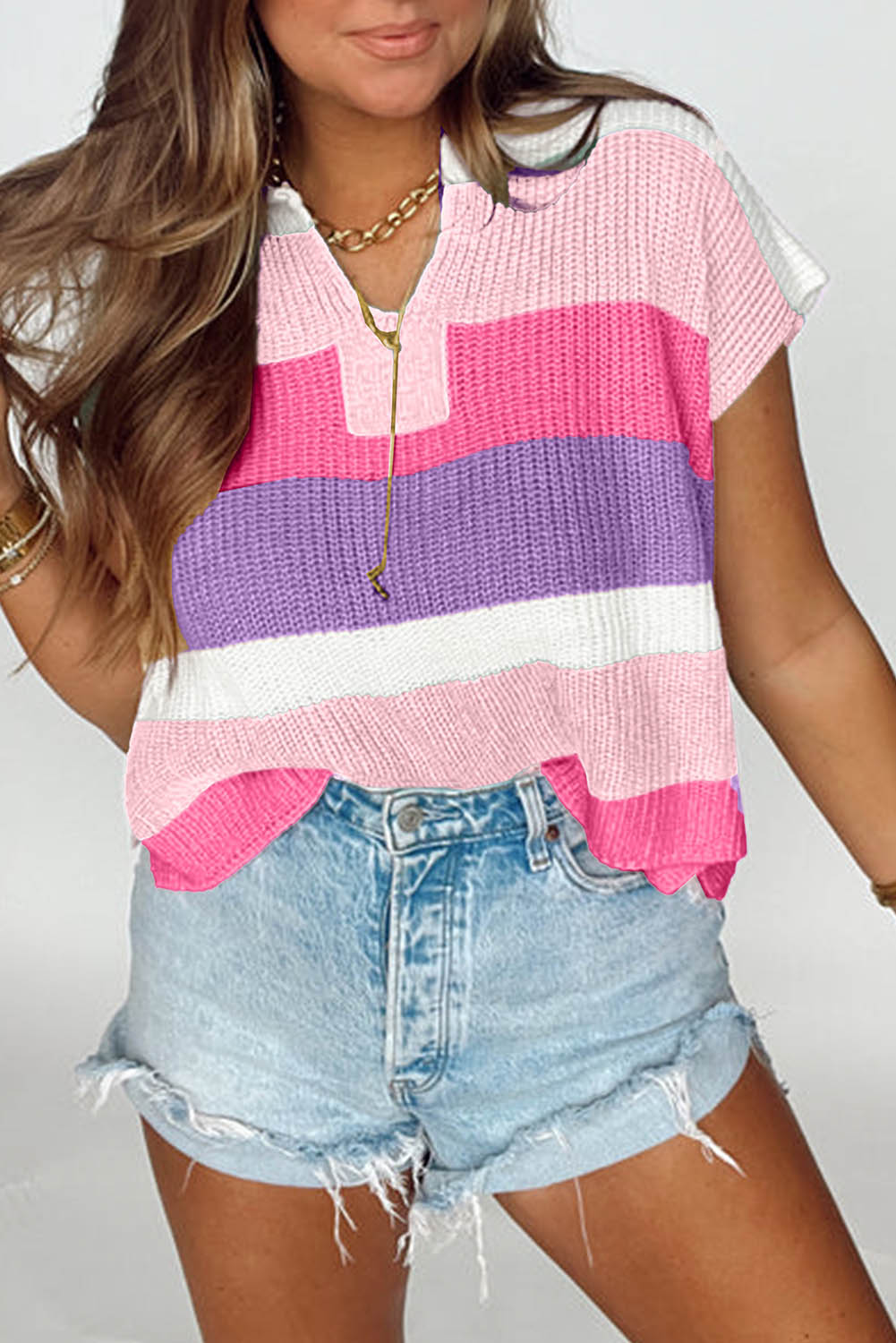 Light Blue Color Block Notch V Neck Sweater T Shirt