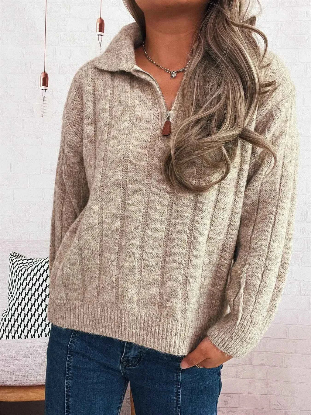 Ribbed Hem Quarter Zip Sweater