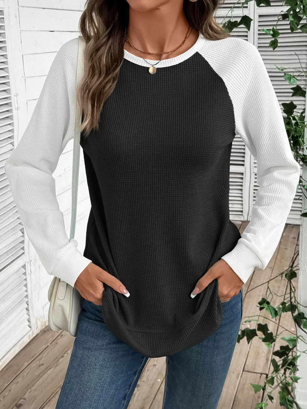 Waffle Knit Raglan Sleeve T-Shirt
