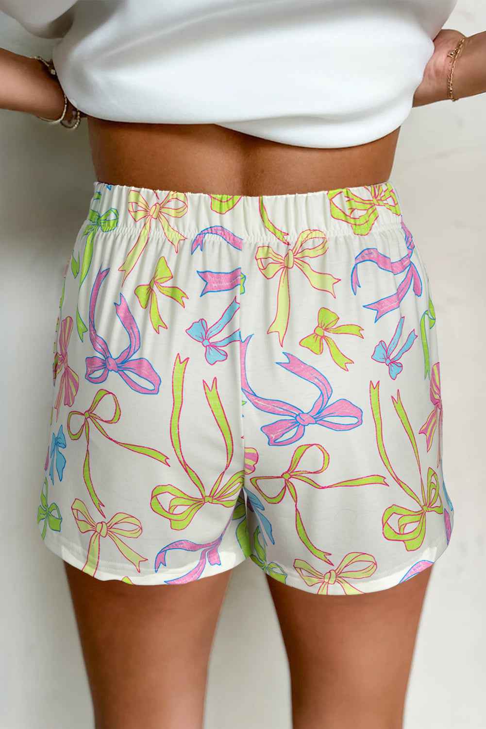 White Colorful Bow Print Pocket Shorts