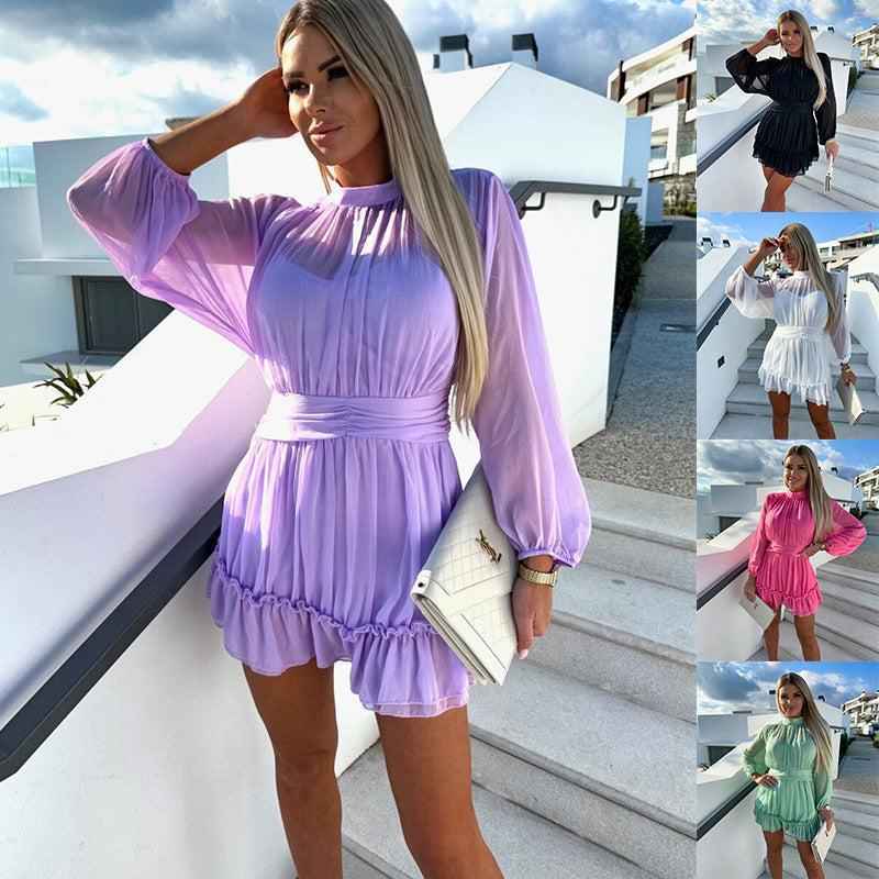 Spring And Summer New Women's Solid Color Chiffon Waist Pleating Dress