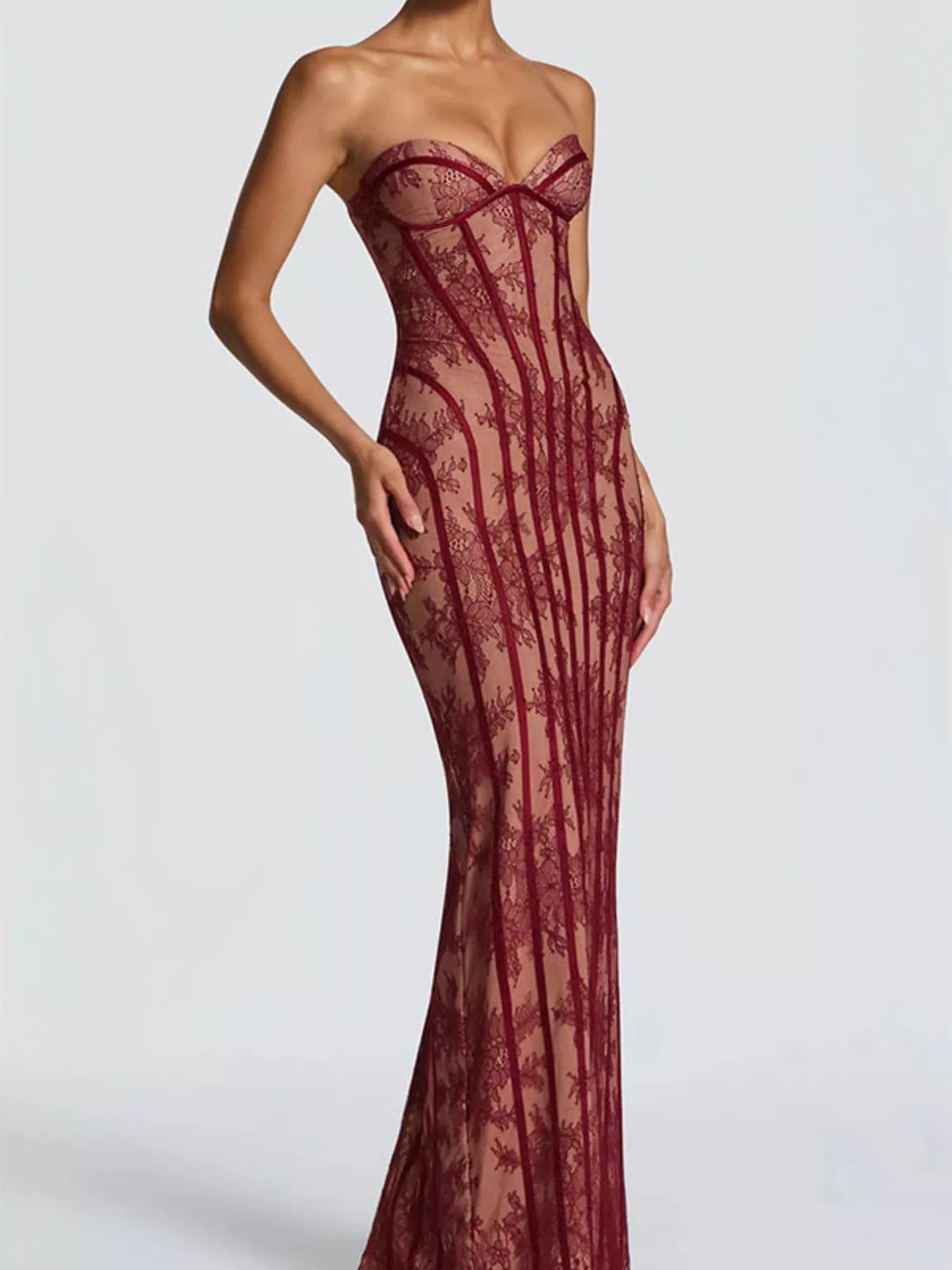 Lace Up Back Strapless Maxi Dress by Shopiebay
