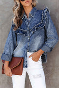 Dusk Blue Vintage Wash Denim Ruffle Detail Button Down Shirt