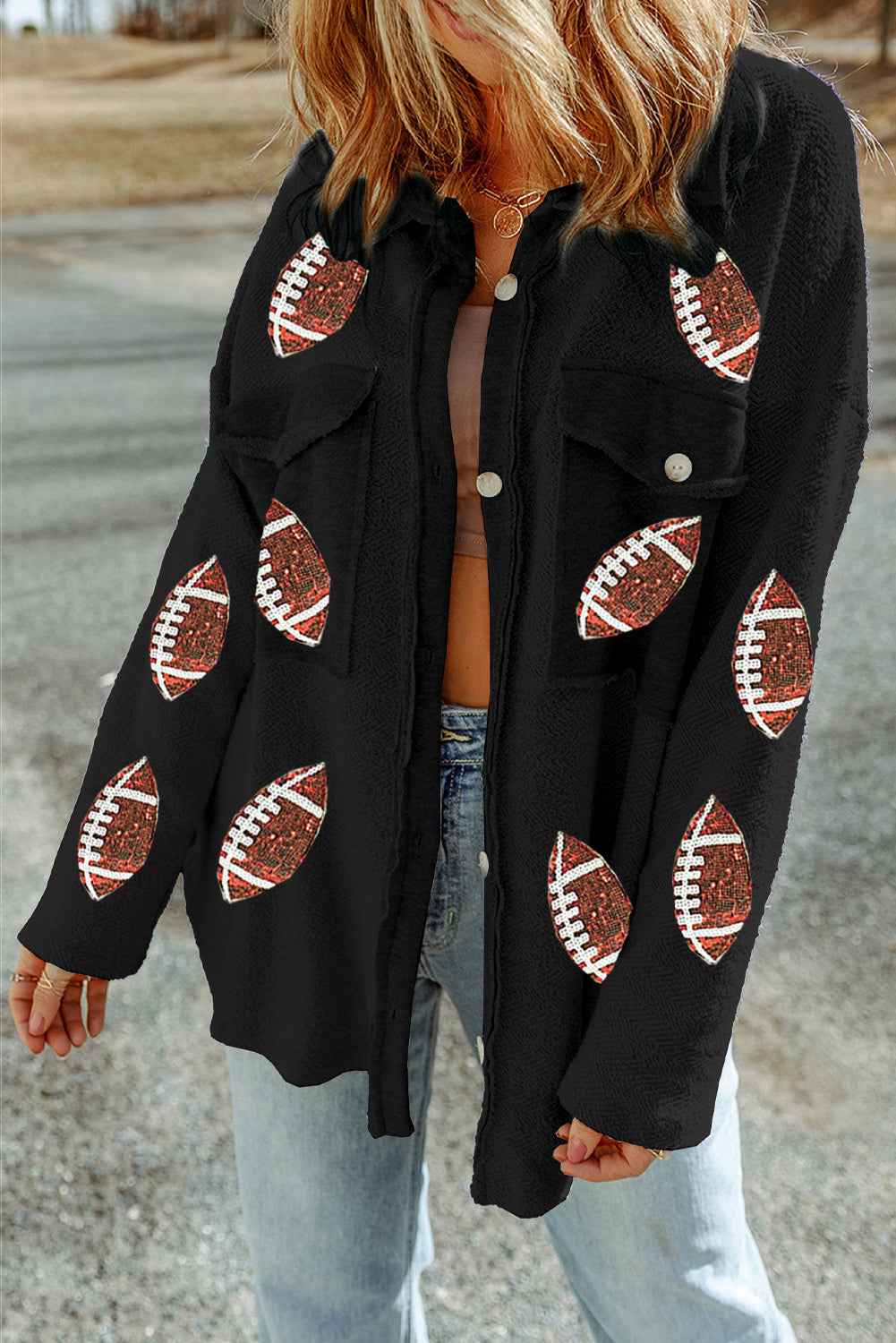 Black Fleece Football Graphic Buttoned Front Shacket