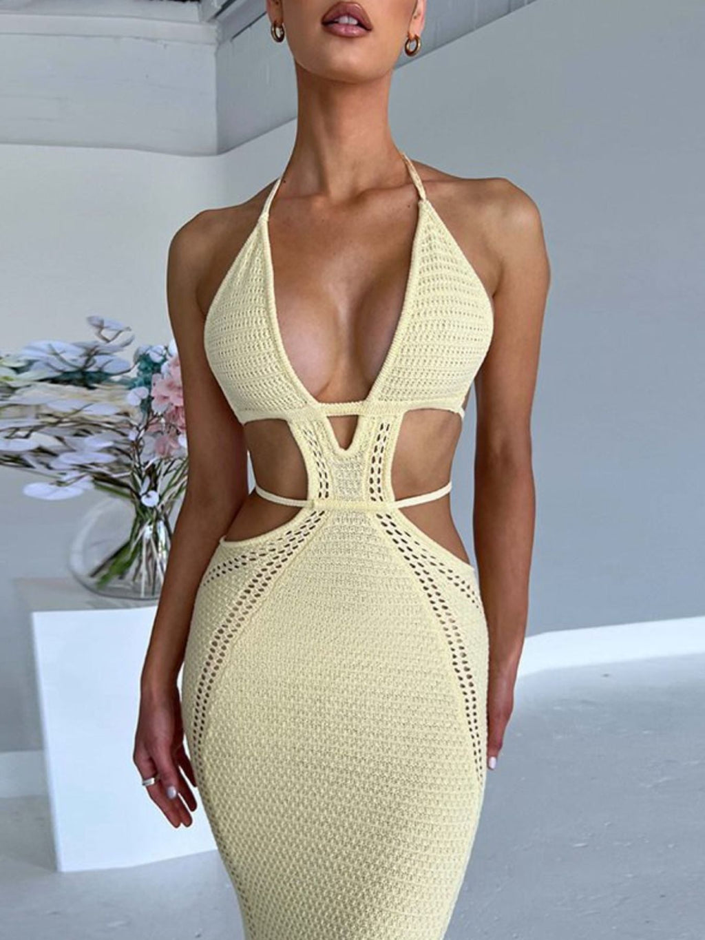 Halter Neck Cutout Knitted Maxi Dress by Shopiebay