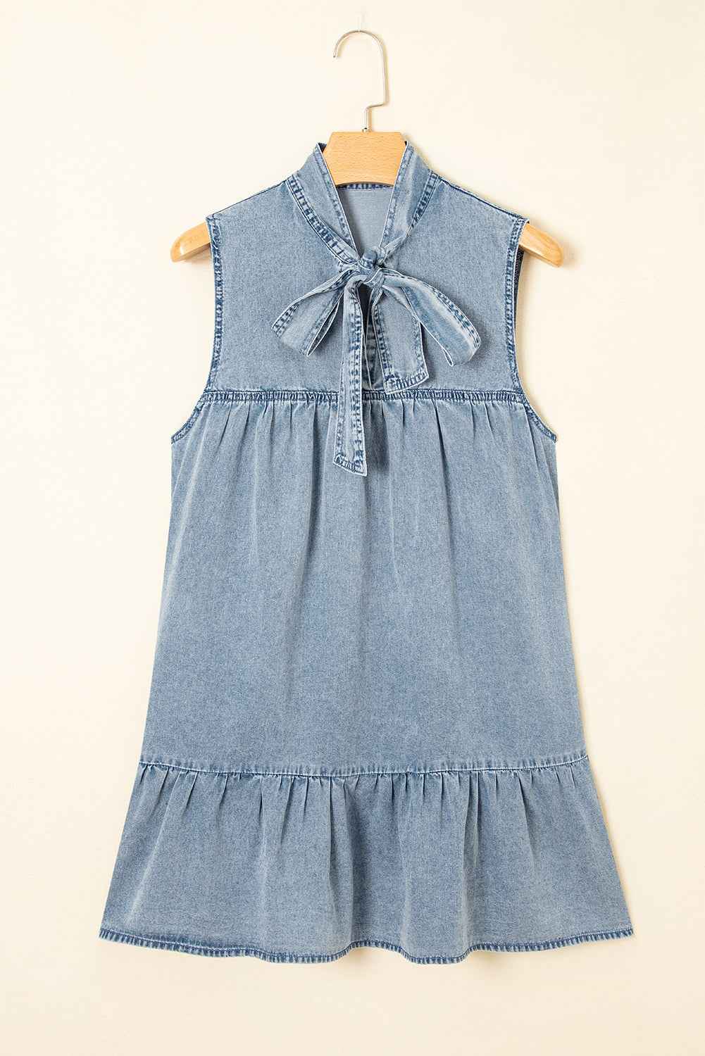 Real Teal Bowknot Neck Ruffled Sleeveless Chambray Dress