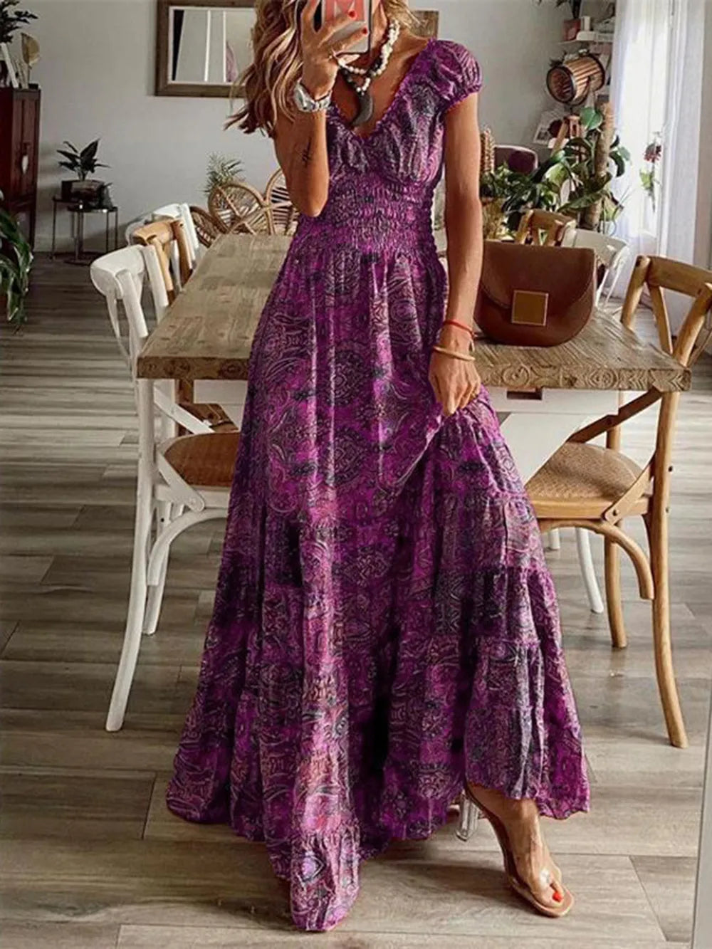 Smocked Printed V-Neck Short Sleeve Dress by Shopiebay