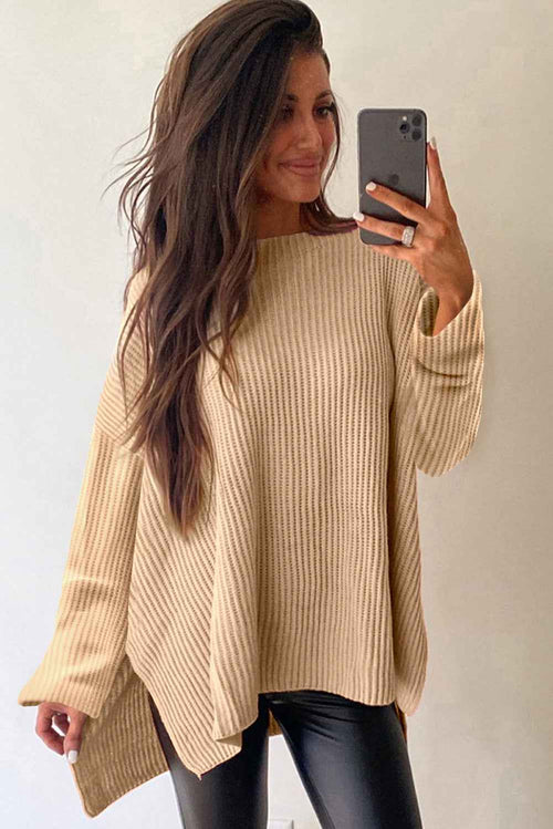 Apricot Cable Knit Drop Shoulder Side Slits Loose Sweater by Wild and Free Boutique