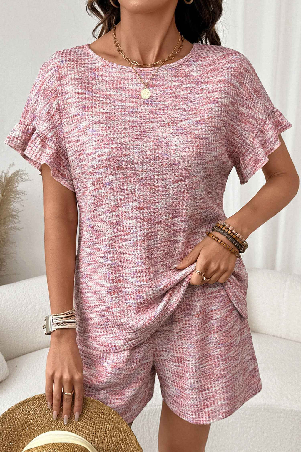 Light Pink Heather Textured Ruffle Sleeve Top and Drawstring Shorts Set