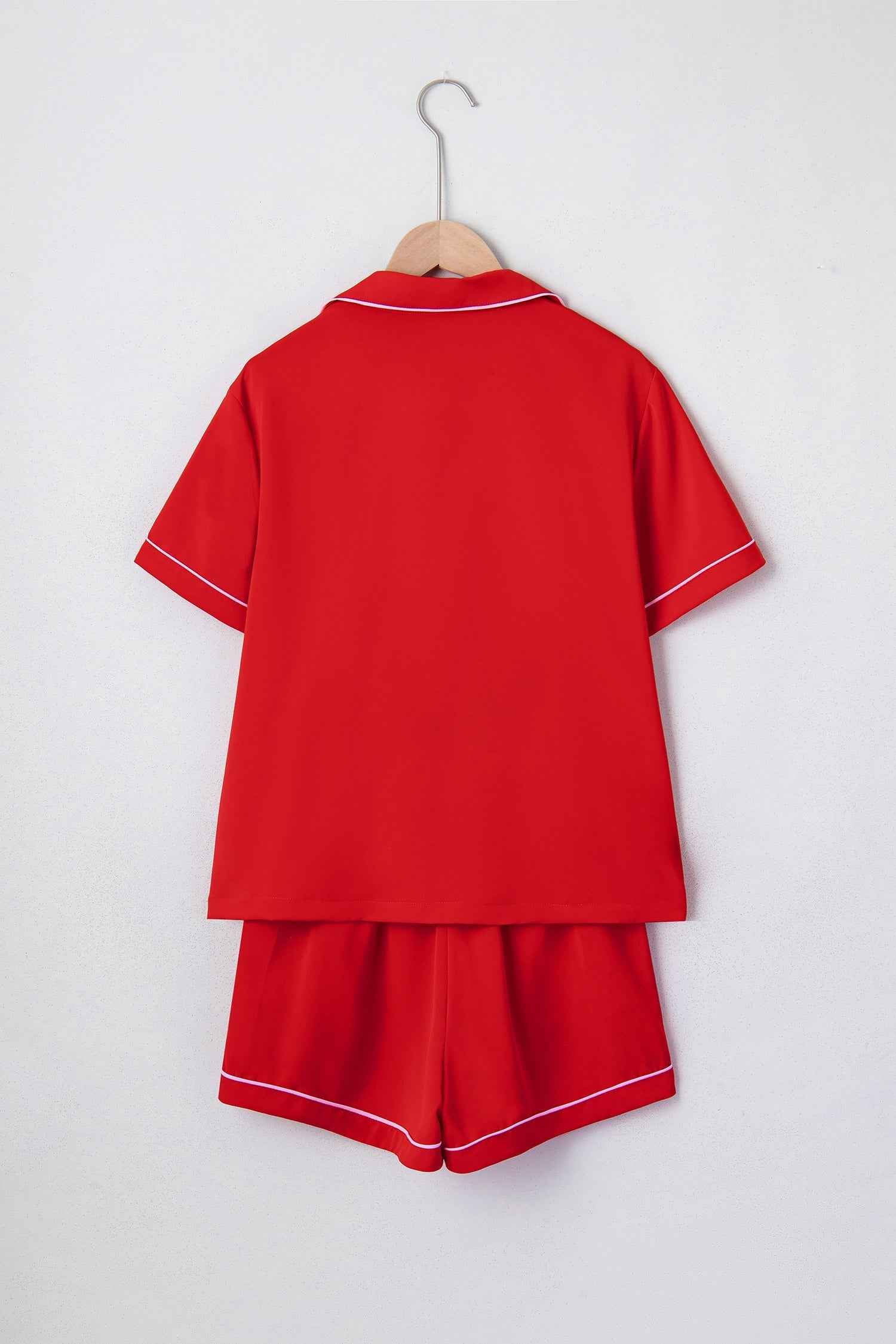 Fiery Red Contrast Trim Ribbon Bow Short Silky 2pcs Pajama Set