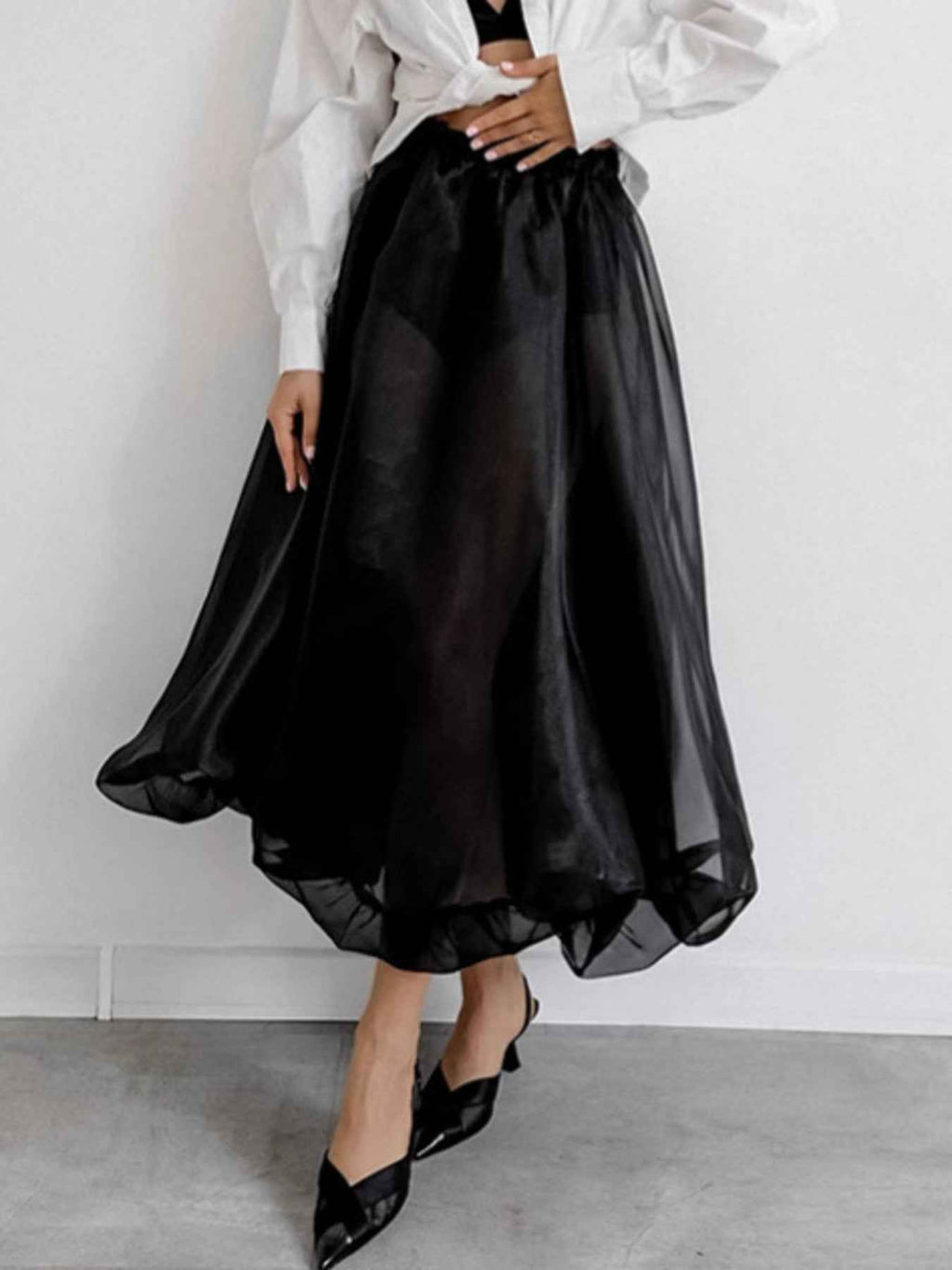 Sheer Flowy Elastic Waist Midi Skirt